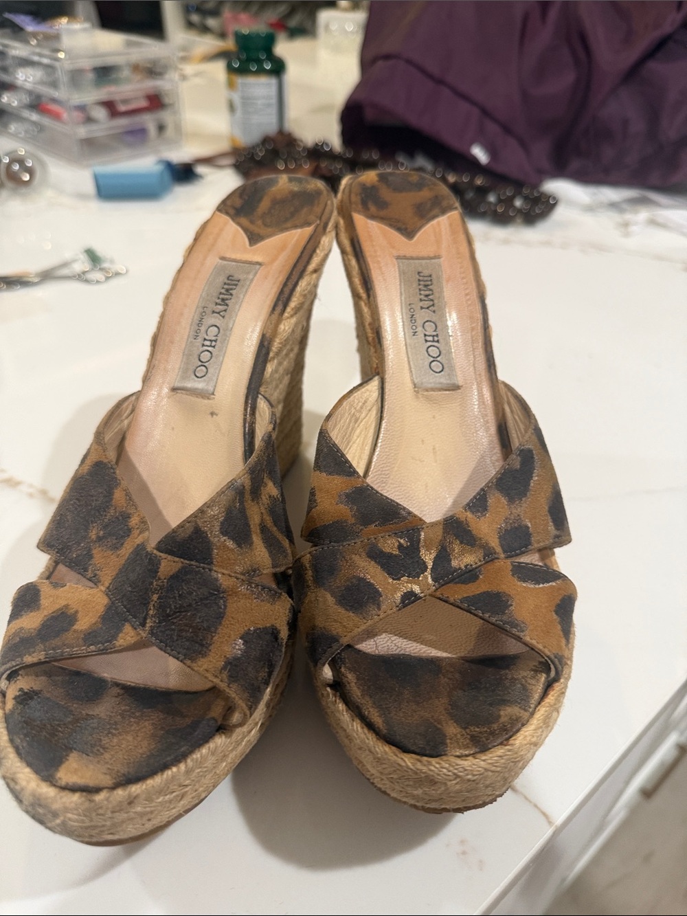 Jimmy Choo Leopard Print Espadrille Wedge Sandals - Brown and Black